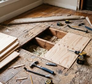 Subfloor repair work showing damaged wood structure before flooring installation