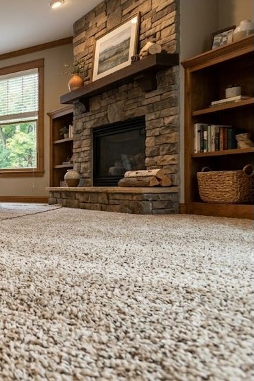 Cozy carpeted living room with fireplace, an example of the right flooring decision for a North Carolina home