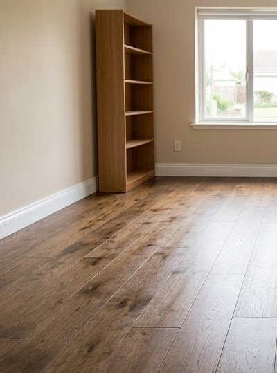 Empty room with new LVP luxury vinyl plank flooring installed before staircase renovation in Cary home