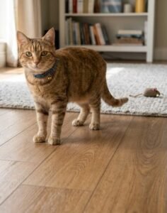Cat playing on durable pet-friendly laminate flooring in a modern living room.