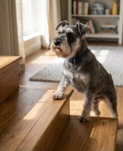 Happy dog on scratch-resistant hardwood flooring in a cozy family living room.