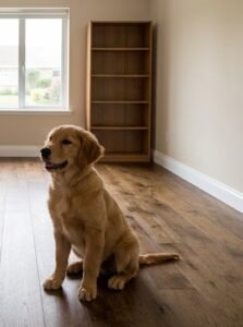 Golden retriever dog sitting on scratched hardwood flooring before LVP flooring replacement in Raleigh home