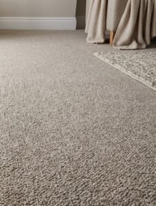 Close-up of professionally power-stretched plush carpet installed by Ortiz Flooring