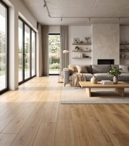 Modern open-concept living room with luxury vinyl plank installation creating continuous visual flow throughout the home