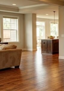 Hardwood flooring in North Carolina living room affected by summer humidity