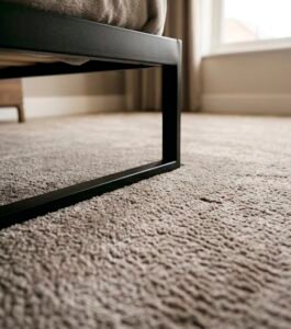 Close-up of modern carpet underlayment and padding installation showing foundation for carpet comfort and thermal insulation
