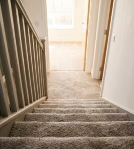 Elegant carpeted staircase and hallway showing modern carpet installation for warmth and sound absorption in upstairs bedrooms