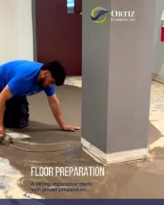 Worker performing subfloor preparation and slab leveling before installing new commercial flooring at Waypoint Church