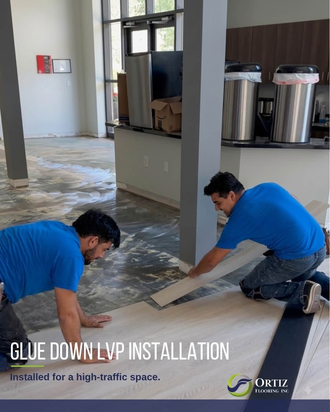 Ortiz Flooring crew installing Glue Down LVP at Waypoint Church