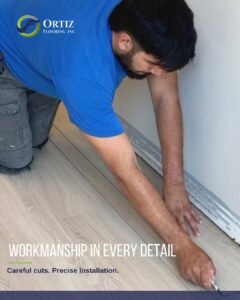 Close-up of precise LVP installation detail showing careful cuts and craftsmanship in the Waypoint Church flooring project
