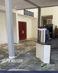 Crew demolishing old VCT flooring during a commercial flooring remodel at Waypoint Church