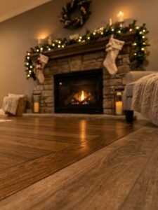 Decorated fireplace mantel showing solid subfloor preparation before flooring renovations for the holidays