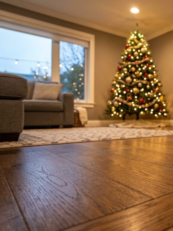 Cozy living room with hardwood flooring renovations completed and holiday Christmas tree decorated