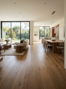 Hardwood vs LVP flooring comparison in an open-concept living room with hardwood floor installation