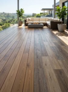 Hardwood vs LVP flooring choice for an open-concept outdoor patio living area with LVP flooring installation