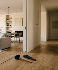 Contractor performing precision plank laying during flooring installation North Carolina project