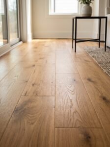 Genuine hardwood flooring installed in a modern North Carolina living room