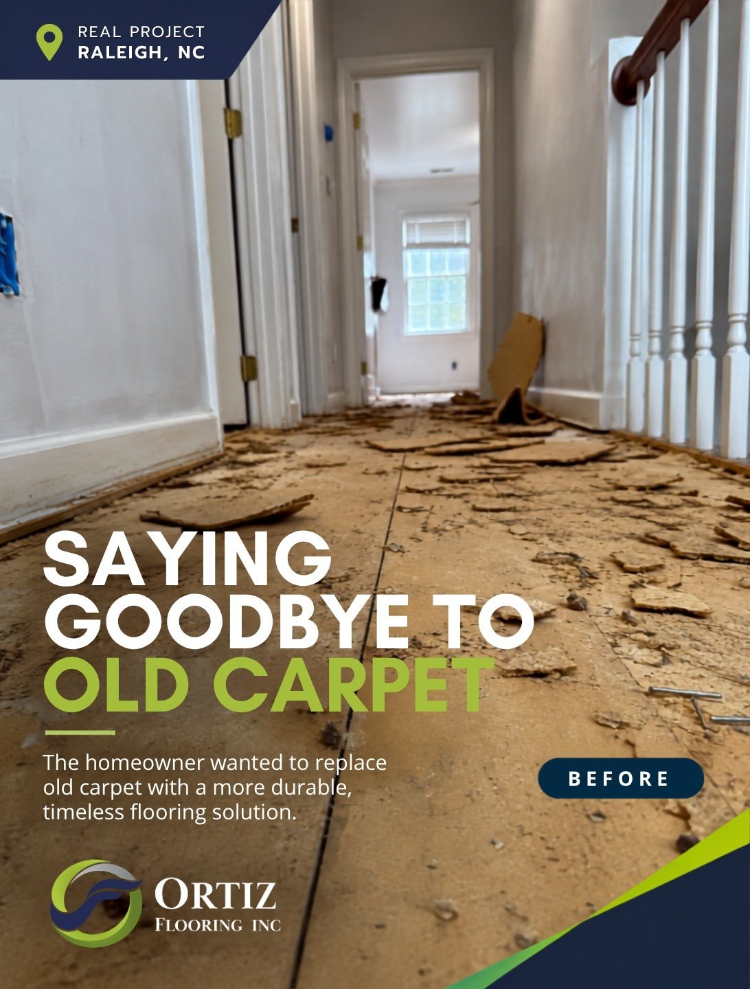 Old carpet removed before hardwood installation in Raleigh NC home