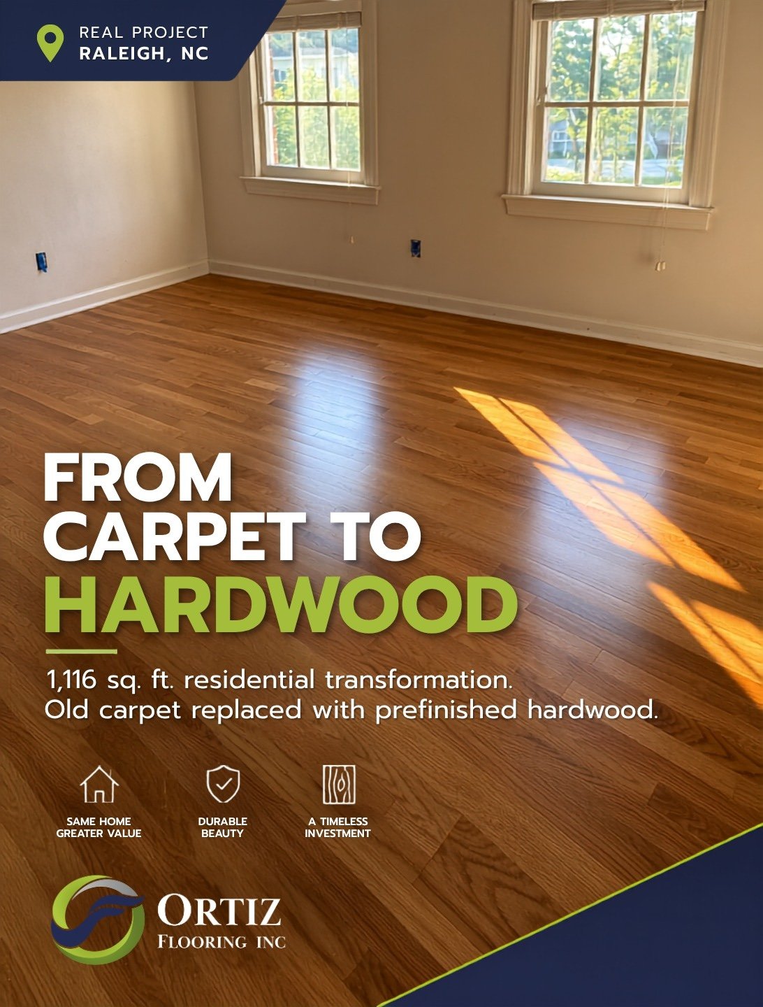 Completed prefinished honey hardwood flooring in a residential home in Raleigh NC