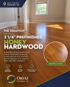 Finished 2 1/4 inch prefinished honey hardwood flooring installed in a Raleigh, NC home