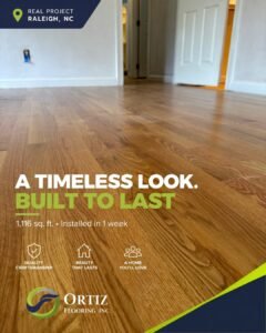 Completed hardwood flooring project showcasing a timeless, durable finish in a Raleigh, NC home