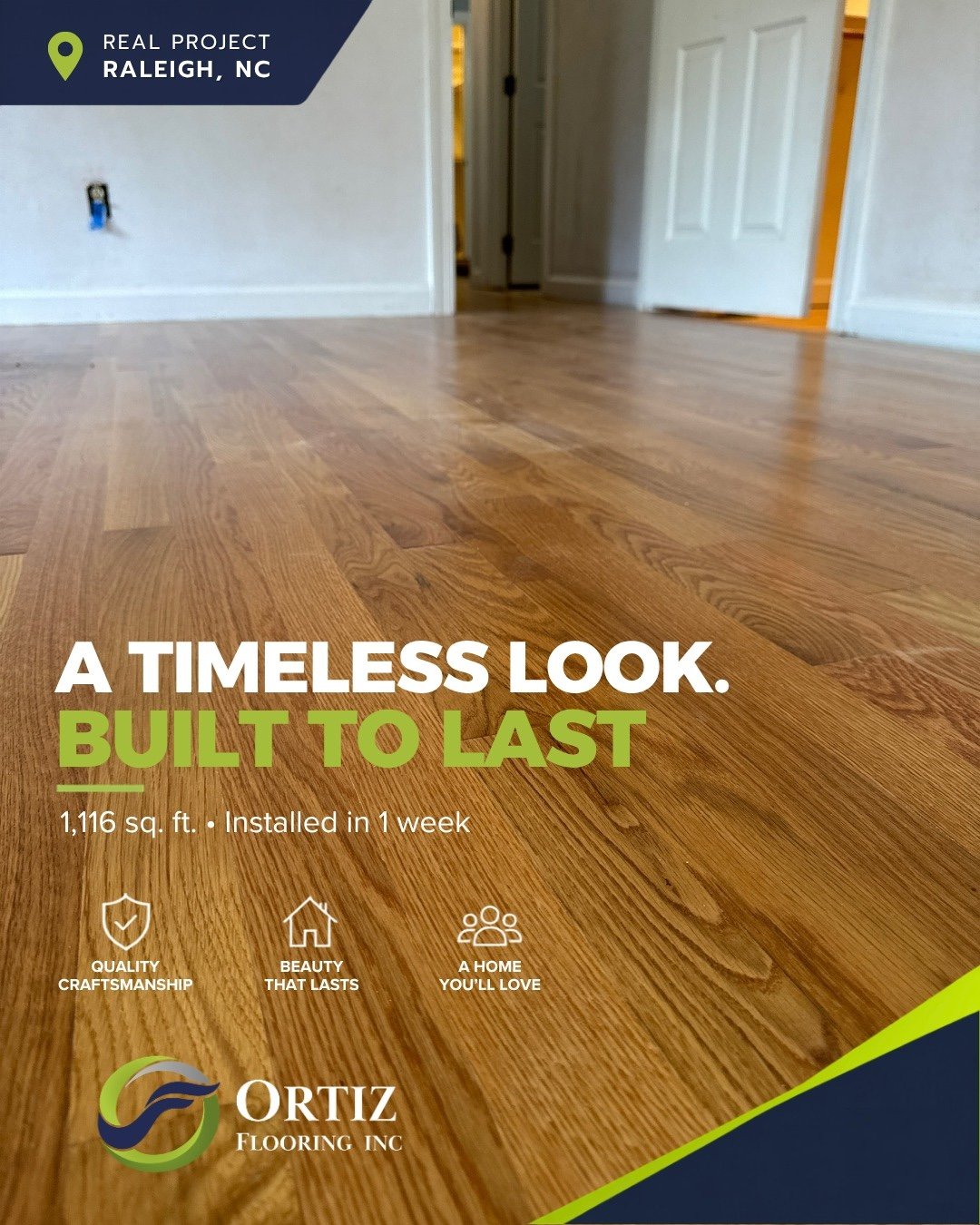 Newly installed prefinished honey hardwood flooring in Raleigh NC home
